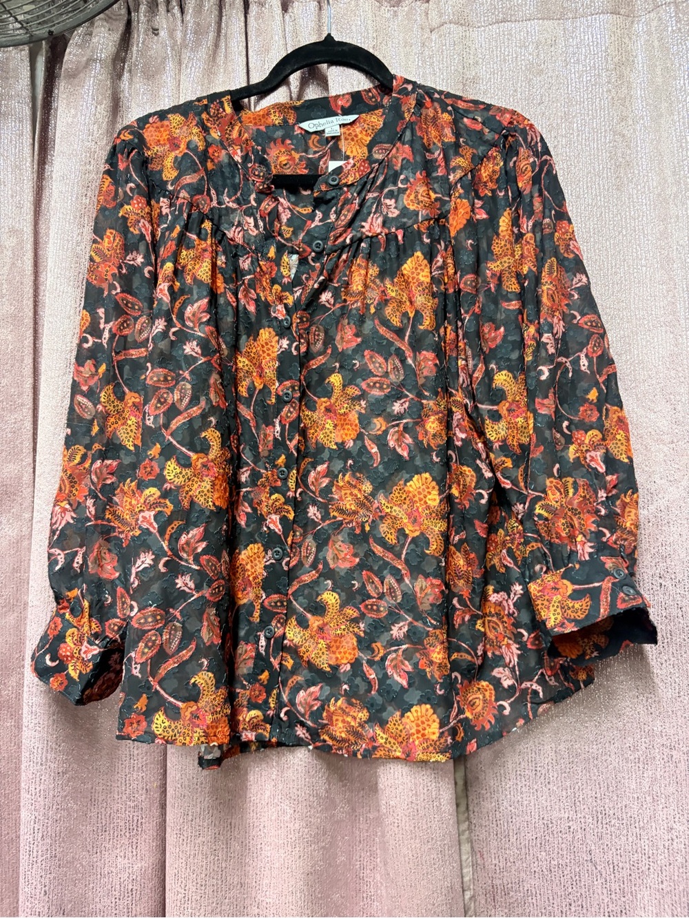 Croft & Barrow Floral Button-Front Blouse in Black and Orange